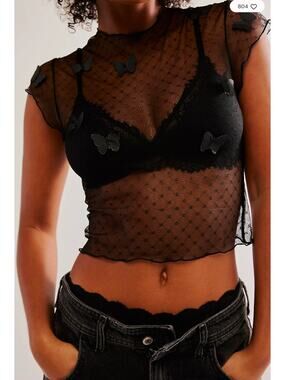 Free People FLUTTER BY 3-D Butterfly Sheer Mesh Dot Crop Tee Top Black XS NWOT